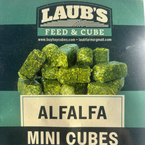 Laub's Feed & Cube Alfalfa Mini Cubes packaging on a green background