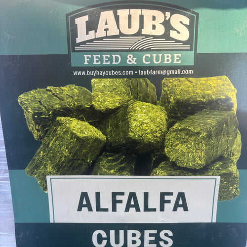Laub's Feed & Cube Alfalfa Cubes packaging with green cubes on a blue background.